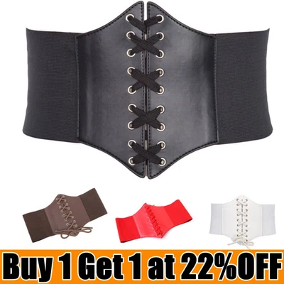 Ladies Women Waist Cincher Wide Band Elastic Tied Corset Leather Belt Adjustable - Image 1 of 4
