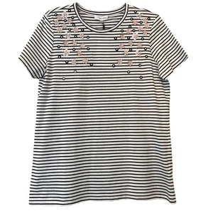 Camiseta Calvin Klein Nueva con Etiquetas Mujer Talla S Negra Blanca Rayas Cuentas 3D Rosa Flores - Imagen 1 de 13