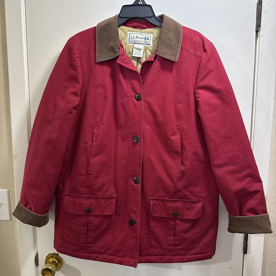 Abrigo chaqueta vintage LL Bean Chore granero campo para mujer largo rojo acolchado forrado Foto 1 de 4