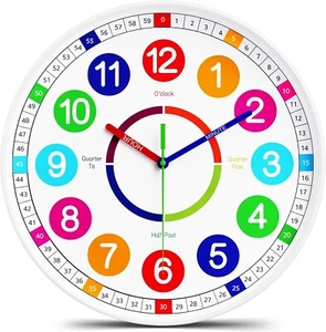 Kids Wall Clock Non-Ticking, Battery-Operated Time Teaching Clock for Kids 8 in - Picture 1 of 7