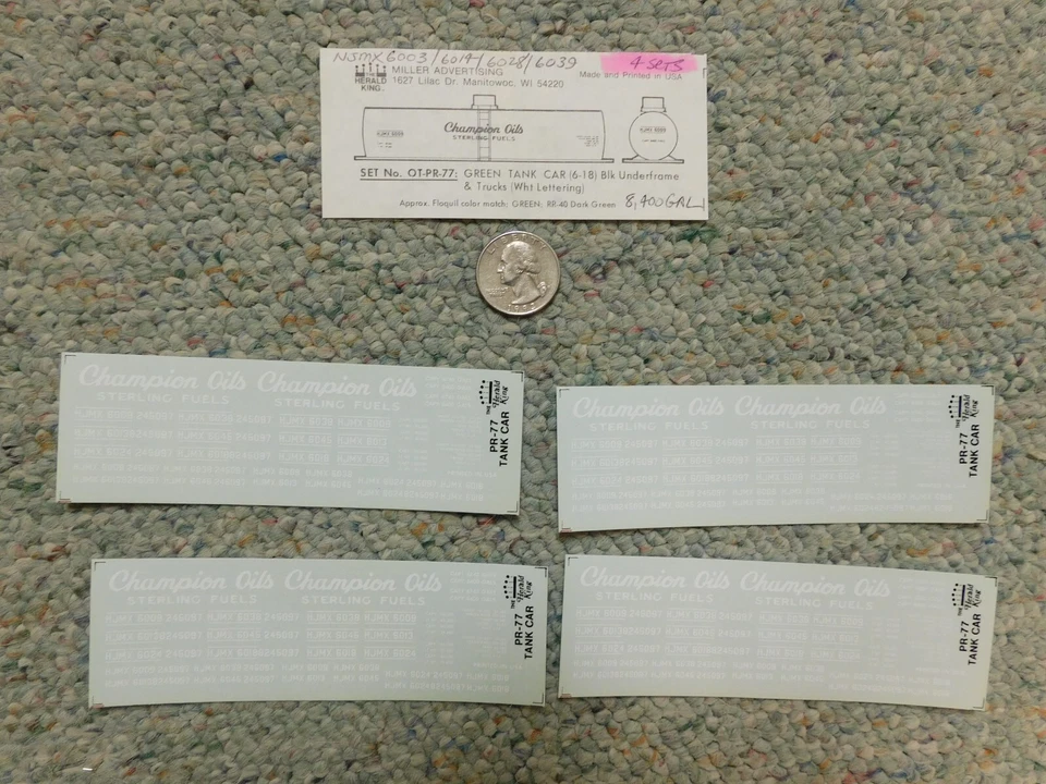 Herald King decals HO 4 SETS OT-PR-77 Champion Oils green tank car S24 - Image 1 of 1