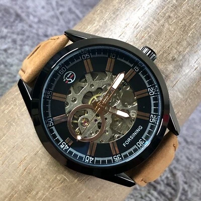 Forsining Men A2 Military Skeleton Dial Brown Leather Automatic 43mm Watch 8" - Image 1 of 4