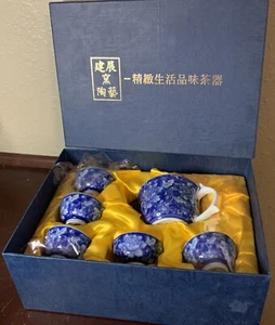 Porcelain Tea Cup Pot Set Jingdezhen China Lotus Flower Blue White Box Jianzhan - Picture 1 of 12