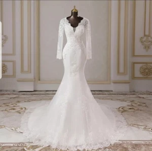 UK White/ivory Long Sleeve Bridal Lace Mermaid Beach Wedding Dresses Size 6-18 - Picture 1 of 5