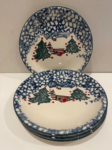 Set Of 4 Folk Craft Cabin In The Snow Red Dot Salad Plates 7 1/2’’ - Picture 1 of 2