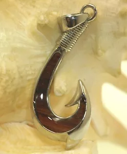 23MM SOLID TUNGSTEN GENUINE INLAID KOA WOOD HAWAIIAN MAKAU FISH HOOK PENDANT LF - Picture 1 of 9