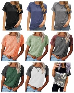 Women's T Shirt Fashion Blouse Raglan Short Sleeve Color Block Sport T-Shirt Tee - Picture 1 of 20