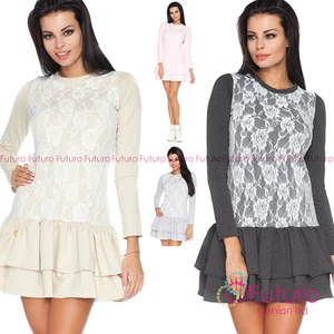 Para mujer Hermoso Mini Vestido de Encaje en Niveles Fiesta Mangas Largas Tallas 8 - 10 FA450 - Imagen 1 de 8