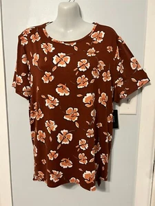 NWT Women's Alfani Crimson Floral Multi-Color Top with Short Sleeve Size Large - Picture 1 of 3
