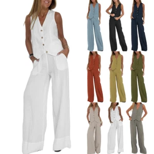 Women Tanks Tops Wide Legs Trousers Linen Cotton 2Pcs Set Suit Outfits Size 6-18 - Picture 1 of 31