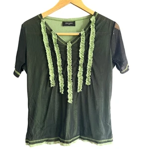ORNA FARHO Paris | Y2K Vintage Green Double Mesh Ruffle V Neck Short Sleeve Top - Bild 1 von 6