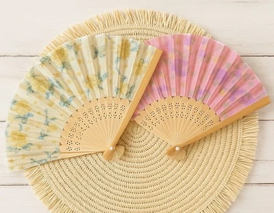 🪭 Pair of Vintage Floral Folding Hand Fans – Bamboo Ribs, Sheer Fabric & Pearl - Image 1 of 4