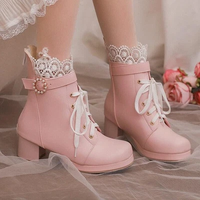 Women's Girls Faux Leather Block Heels Back Zip Ankle Boots Dress Casual Outdoor - Image 1 of 4