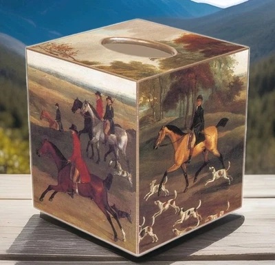 Fox Hunt Equestrian  Decoupage Hand Made Tissue Box Cover   Marye-Kelly USA New - Image 1 of 3