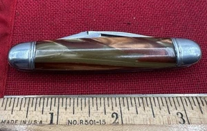 Vintage Hammer Brand 3 Blade Jack Pocket Knife Red/Olive/Orange Celluloid - Picture 1 of 10