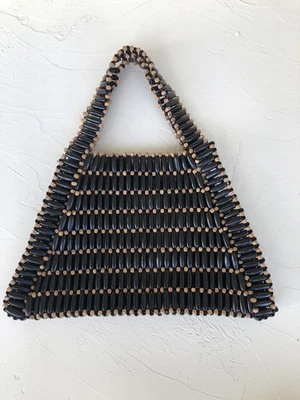 Anthropologie Bamboo Purse Black Beaded Triangle Tote Shoulder Bag Black Wood - Image 1 of 4