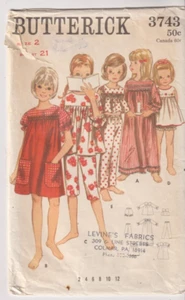 3743 BUTTERICK c.1965 - NIGHTGOWN & PAJAMAS - GIRLS Sz 2 - Picture 1 of 2