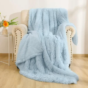 Light Blue Throw Blankets, Super Soft Shaggy Fuzzy Sherpa Blankets, Cozy Warm Li - Picture 1 of 12