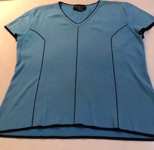 Finity Blue Knit w/ Black Trim Cap Sleeves Top Size Medium Rayon/Nylon - Picture 1 of 5