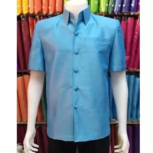 Camicia Uomo Panno Thai Tradizionale Outfit Manica Corta Uniforme Top Estate Blu - Foto 1 di 1