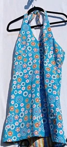 Womens Dress L Reversible Blue Flower Striped Halter Babydoll Mini Sundress Hipp - Picture 1 of 9