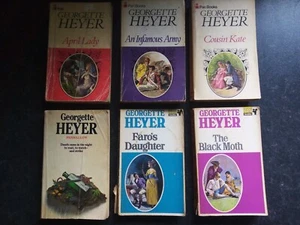 6 Georgette Heyer 1965-82 f-G An Infamous Army Cousin Kate The Black Moth etc - Picture 1 of 2