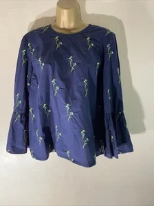 Womens Warehouse Uk 12 Navy Blue Embroidered Long Bell Sleeve Blouse Shirt Top - Picture 1 of 5
