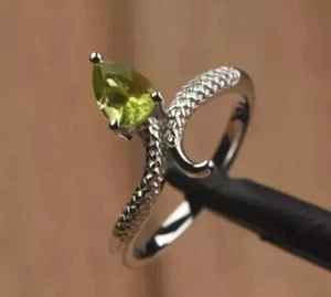 Pear Cut Simulated Green Peridot Pretty Engagement Ring In 14k White Gold Plated - Picture 1 of 5