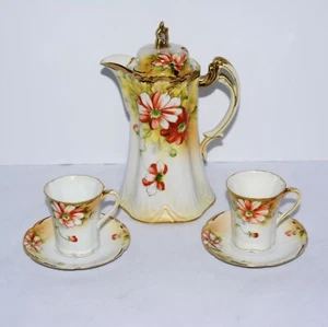 Japanese Nippon Porcelain Chocolate Teapot & 2 Cups/Saucers Hand Painted Antique - Picture 1 of 9