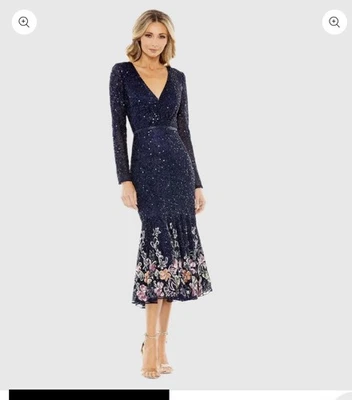 Mac Duggal A5589 Faux Wrap Long Sleeve Tea Length Sequin Beaded Midi Dress Sz 12 - Image 1 of 4