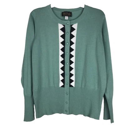 Cárdigan artístico portátil Bob Mackie mezcla de algodón tejido verde azulado negro triángulos talla XL Foto 1 de 4