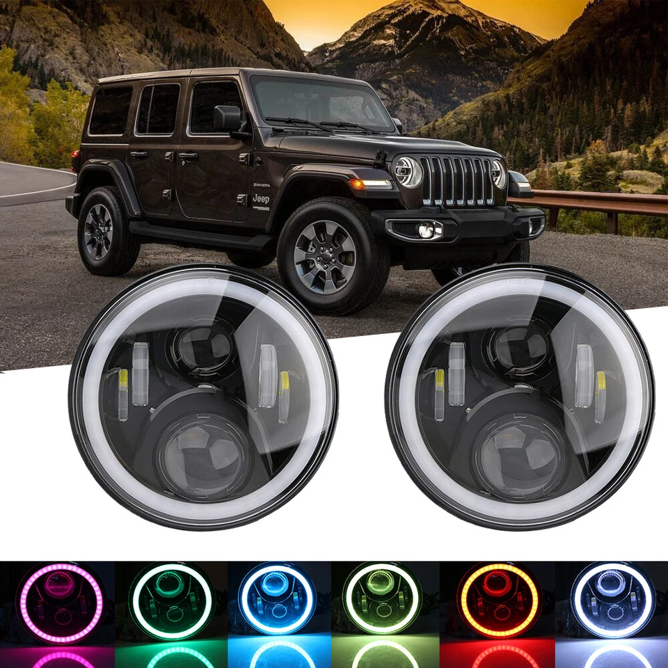Paar 7 Zoll Led Scheinwerfer Mit RGB Halo Winkel Augen Für Jeep Wrangler JK - Bild 1 von 4