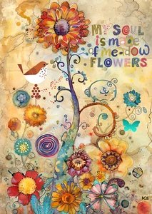 Soul Flowers ACEO - Artist Trading Card, Whimsical Bird Miniature 2.5x3.5 Print - Picture 1 of 3