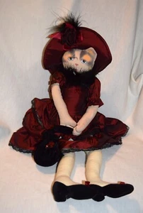 CLOTH CAT DOLL - BURGANDY SILK DRESS AND HAT - 22 INCHES - Picture 1 of 5