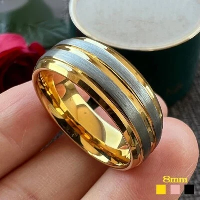 8MM Men Women Tungsten Carbide Ring Band Grooved Stepped Beveled Ring Band - Image 1 of 4