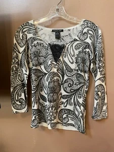 August Silk Knits SILVER-BLACK Paisley Print Lace Insert Light Sweater S NWOT  - Picture 1 of 5