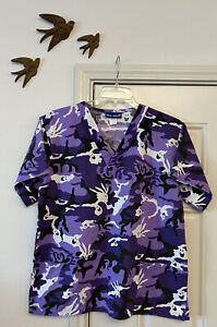 Med Wear Purple Camo Ghost Halloween Scrub Top Womens XL  ~ Cotton/Polyester