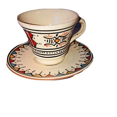 Taza y platillo de cerámica mexicana cerámica hecha a mano boho suroeste azteca Foto 1 de 4