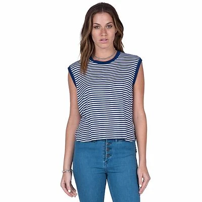 NWT WOMENS VOLCOM ANTI-BULLY TEE TANK $32 S navy white stripe high-low - Image 1 of 2