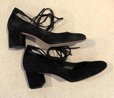 Loeffler Randall Clara Negro Gamuza Corbata al Tobillo Punta Redonda Tacón Bloque Bomba Para Mujer 8 Foto 1 de 4