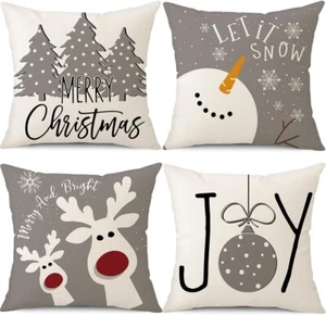 CHRISTMAS PILLOW COVERS 18X18 SET 4 DECORATIONS SNOWMAN TREES DEER [AI] - Picture 1 of 5