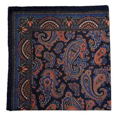 Navy Blue & Orange Paisley Ancient Madder Silk Pocket Square (Hand-Rolled) - Image 1 of 4