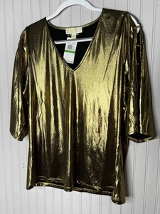 Camisa Michael Kors Mujer Grande Dorada Metálica Cuello en V Manga Escalera Fiesta Top - Imagen 1 de 14