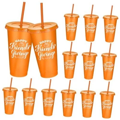  12 Pcs Happy Friendsgiving Plastic Cups with Lids and Straws 24 oz  - Image 1 of 4