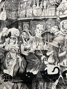 2016 Alexander Henry Fabric Black And White Sketch “Unhappy Hour” 2/3 Yard Witch - Picture 1 of 15