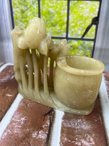 Vintage Carved Soapstone Inkwell Vase Brush Pot with flowers duck - Picture 1 of 10