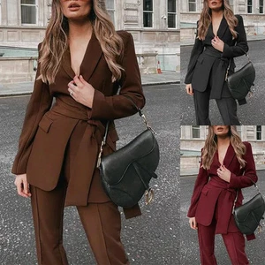 Women's Suit Two-Piece Set V-neck Waistband Formal Slim Fit Party Activities - Picture 1 of 15