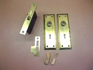 Vintage Brass Plated Mortise Lockset w/Skeleton Key Backplates No Knobs/Spindle - Picture 1 of 6