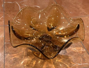 VIKING ART GLASS EPIC AMBER GOLD 6 PETAL SWAG COMPOTE CANDY PEDESTAL BOWL MCM EU - Picture 1 of 11