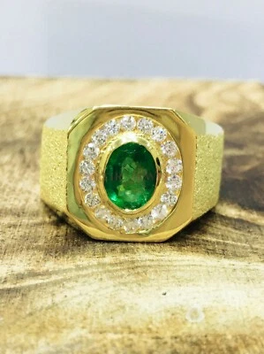 Simulierte Smaragd Edelstein Mit Vergoldet 925 Sterlingsilber Herren Ring AJ763 - Bild 1 von 4